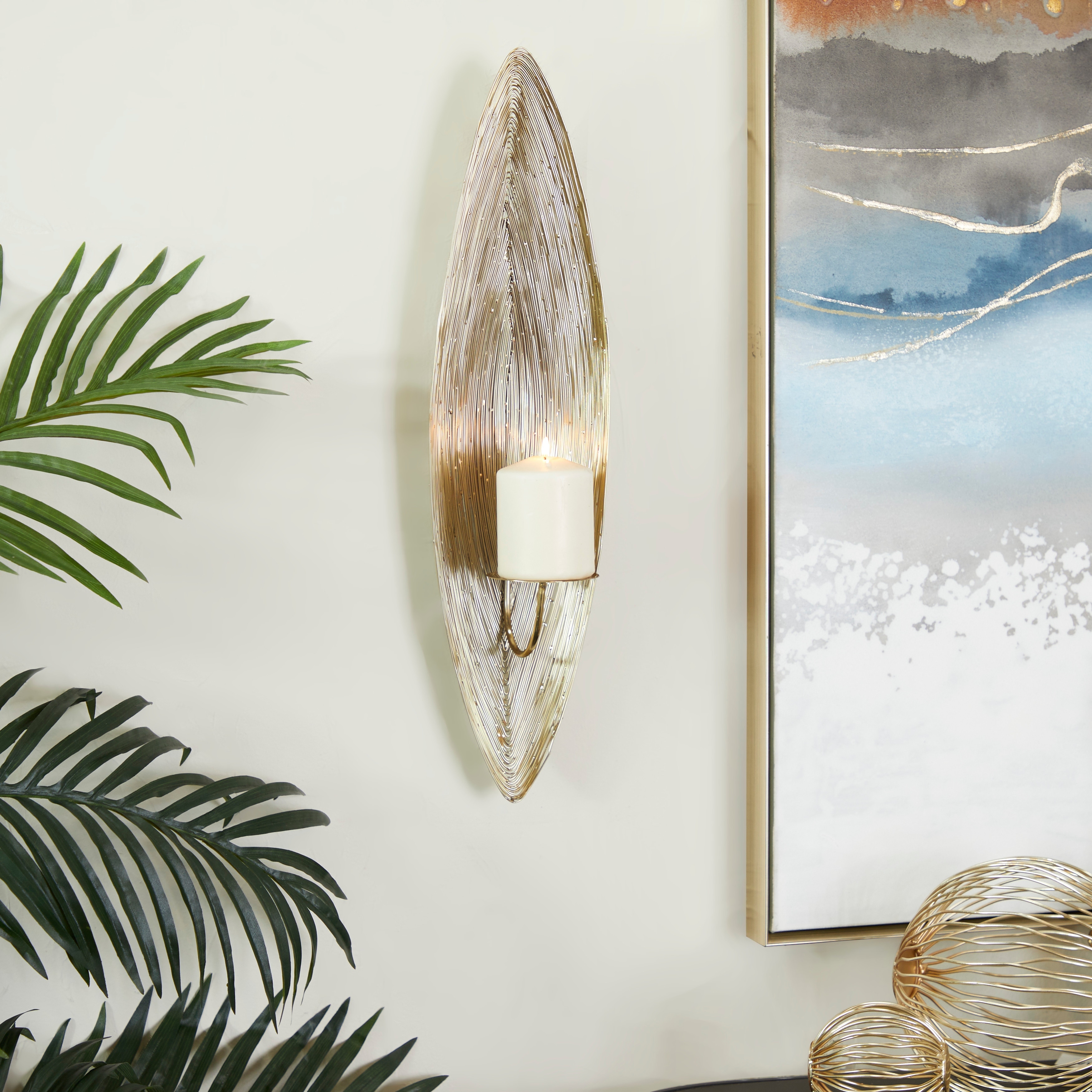 Ava 17" Gold Feather Wall Candle Sconces (Set of 2) Bed Bath & Beyond